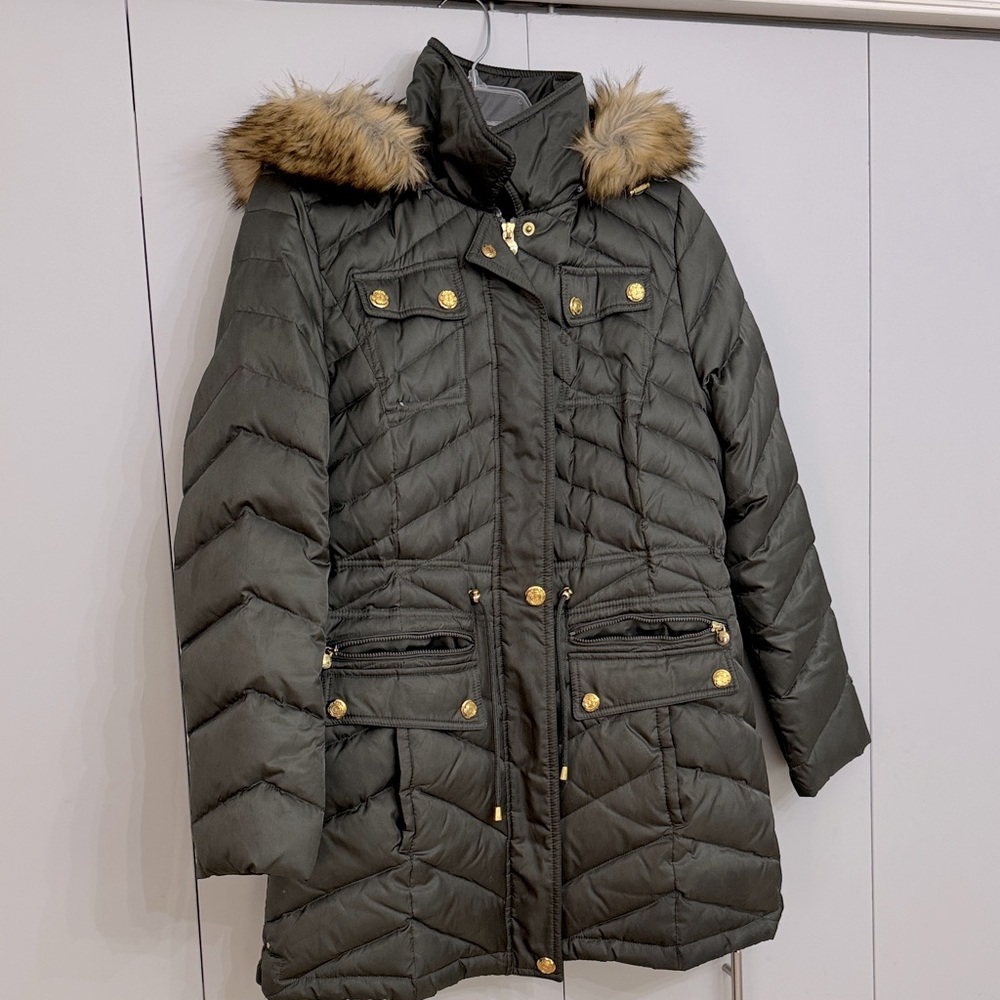 Laundry By Shelli Segal Olive Puffer Coat with Faux Fur Hood